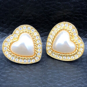 Vintage Rhinestone Heart Earrings Faux Pearl Gold Tone Posts 80s 90s Signed JS